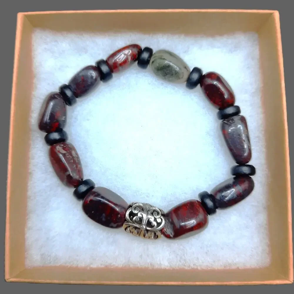 Natural Red Jasper Beaded Bracelet Unisex Black Hematite Earthy Boho Chic NEW
